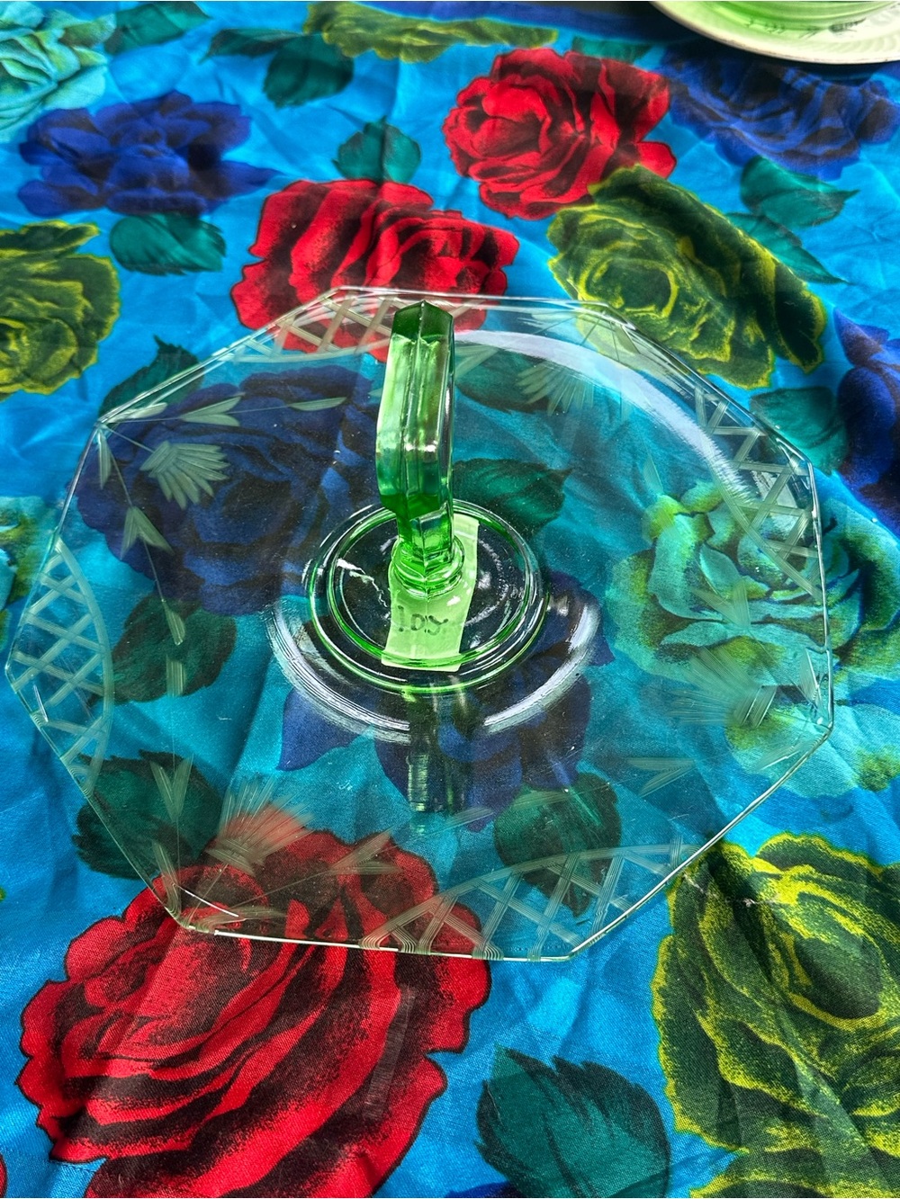 Vintage Green Glass Octagonal Serving Tray with Handle